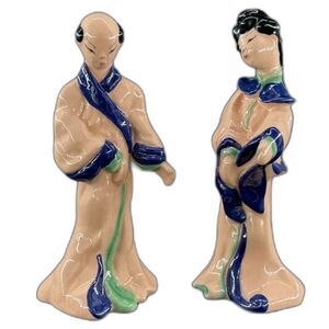 Mid-Century Mod Pair Male & Female Asian Figurines 5"H Kiln Fired High Gloss Fin